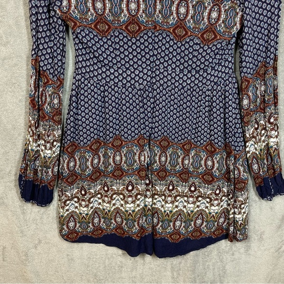 Anna Grace Dress Small Blue Boho Western Print Rayon Long Sleeve Lined - Picture 7 of 13